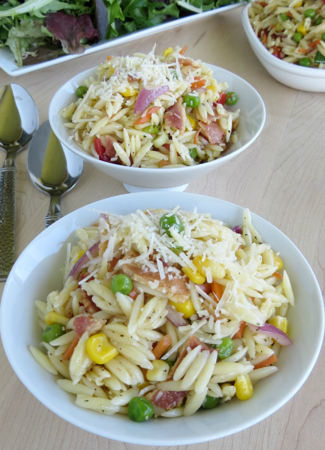 Orzo Pasta Salad with Bacon & Parmesan Vinaigrette Outnumbered 3 to 1