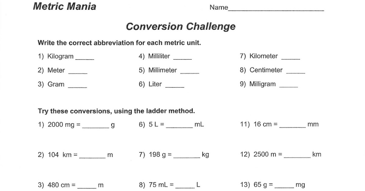 Metric Conversion Worksheet 1