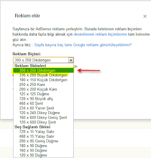 Adsense reklam ayar boyutu seçimi