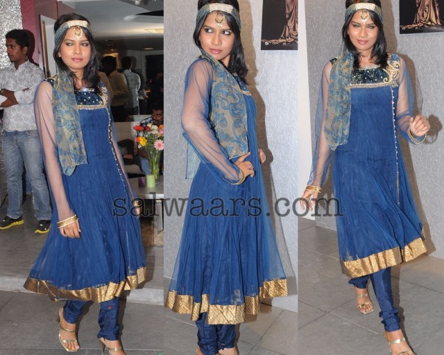 Net and Velvet Blue Salwar Kameez