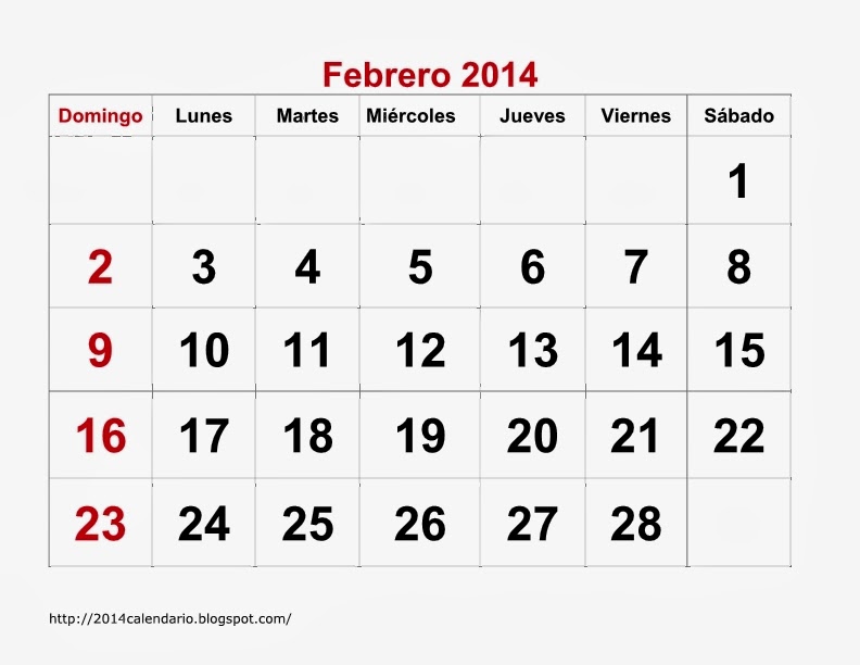 Calendario Febrero 2014 para Imprimir: Descarga Gratis Calendario Febrero 2014 para Imprimir: Descarga Gratis