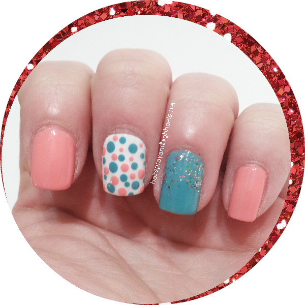 coral & teal polka dot manicure