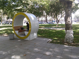 Space style tubular seating accommodation in a garden in Tashkent.