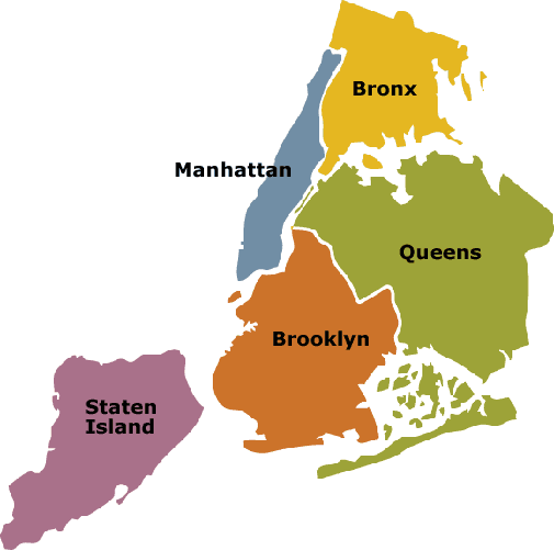 Les quartiers de New York sont dispersés à travers les cinq arrondissements (en anglais : Boroughs) qui composent la ville de New York : Manhattan, Brooklyn, Queens, Bronx et Staten Island. 