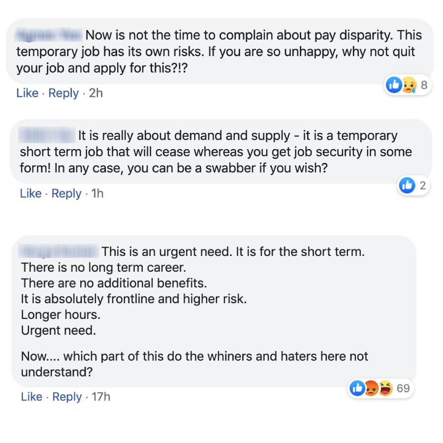 Some commenters suggesting that she quit her job. Many also felt that the pay offered to swabbers' and swabbing assistants was justified.