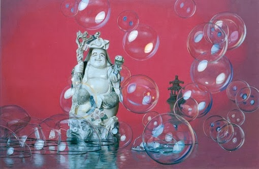 oeuvre d'art de shu yong représenatnt un bouddha sur fond rouge avec de bulles en premier plan