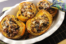 Baked Carnival Squash with Chorizo Brown Rice and Black Bean Pilaf
