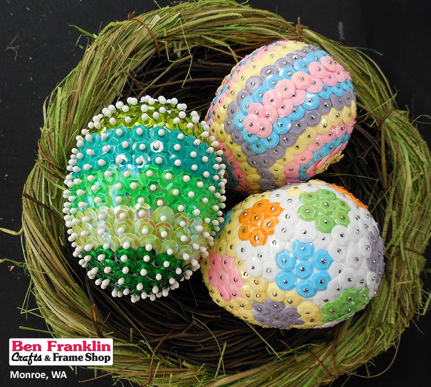 Ben Franklin Crafts and Frame Shop, Monroe, WA DIY Sequin Easter Eggs in a Basket