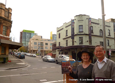 plein air oil painting of the Terminus Hotel and the Point Hotel, Harris Street Pyrmont painted by industrial heritage artist Jane Bennett