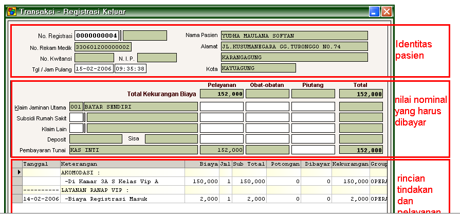 Transaksi Registrasi Keluar Pembayaran Tagihan Pasien RS