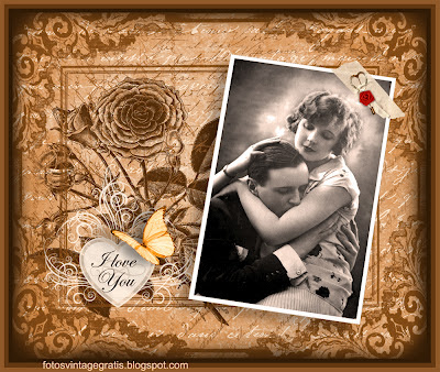 collage vintage con pareja en San Valentín, flores y corazón