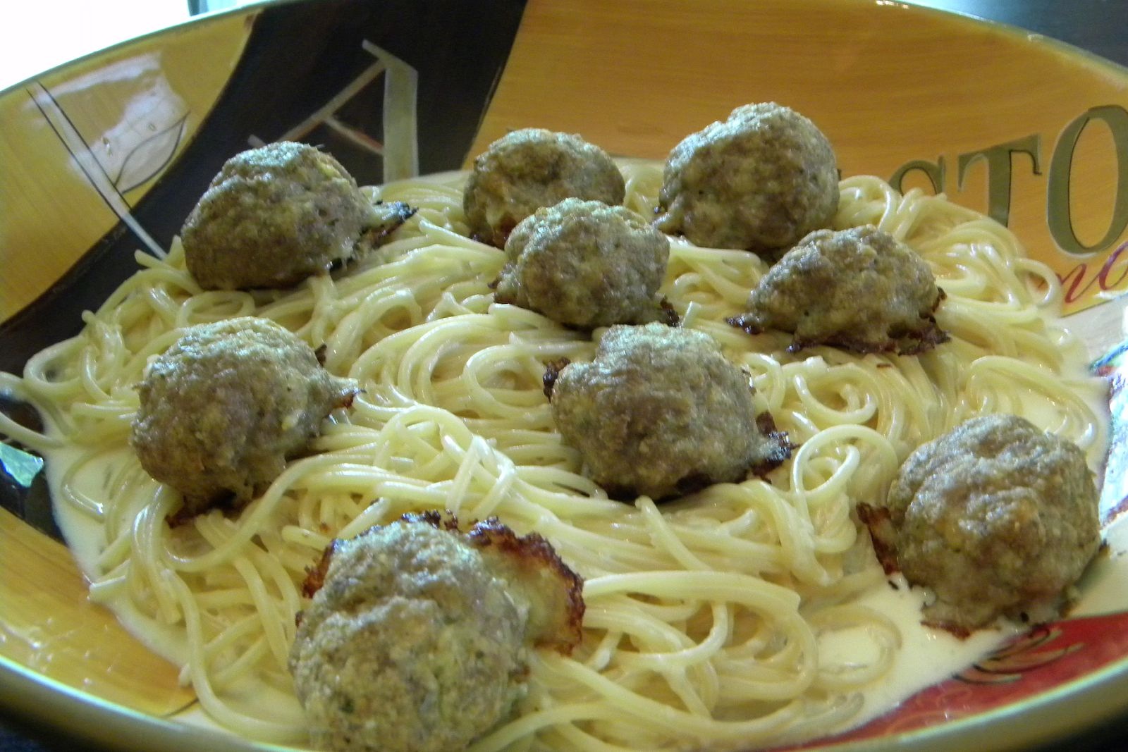 Dinner at Cheshire Farm Pasta with White Sauce and Turkey Meatballs