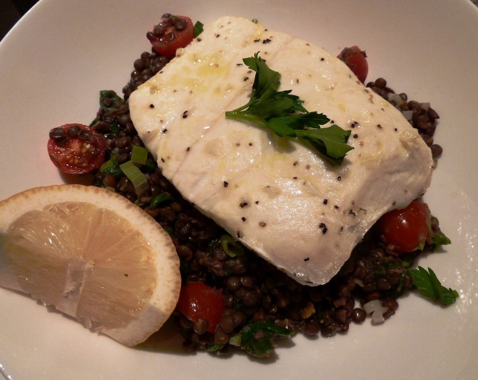 Cracked Pepper Lemon Roasted Halibut with Lentils and Tomatoes