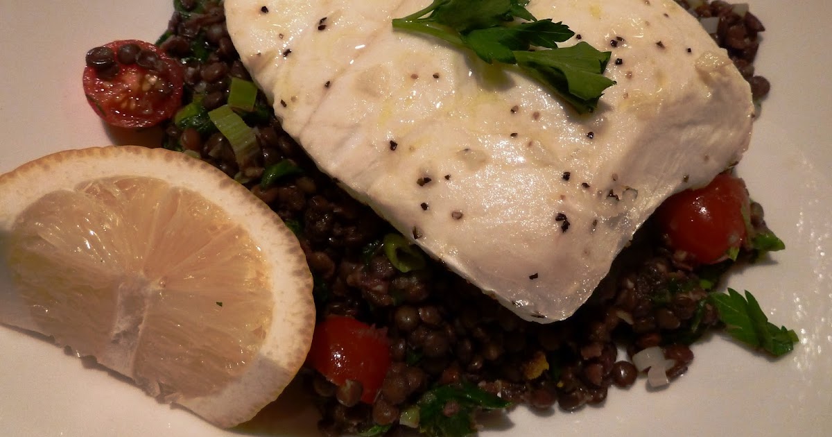 Cracked Pepper Lemon Roasted Halibut with Lentils and Tomatoes
