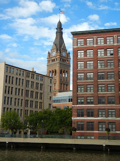 View of City Hall from the Riverwalk in downtown Milwaukee, Wisconsin