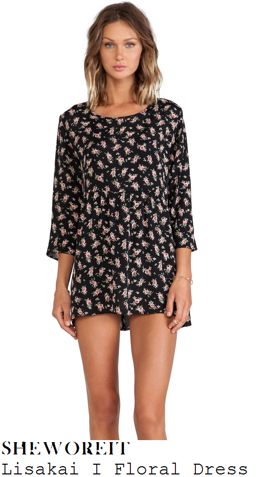 lindsay-lohan-black-pink-three-quarter-sleeve-floral-mini-dress-london