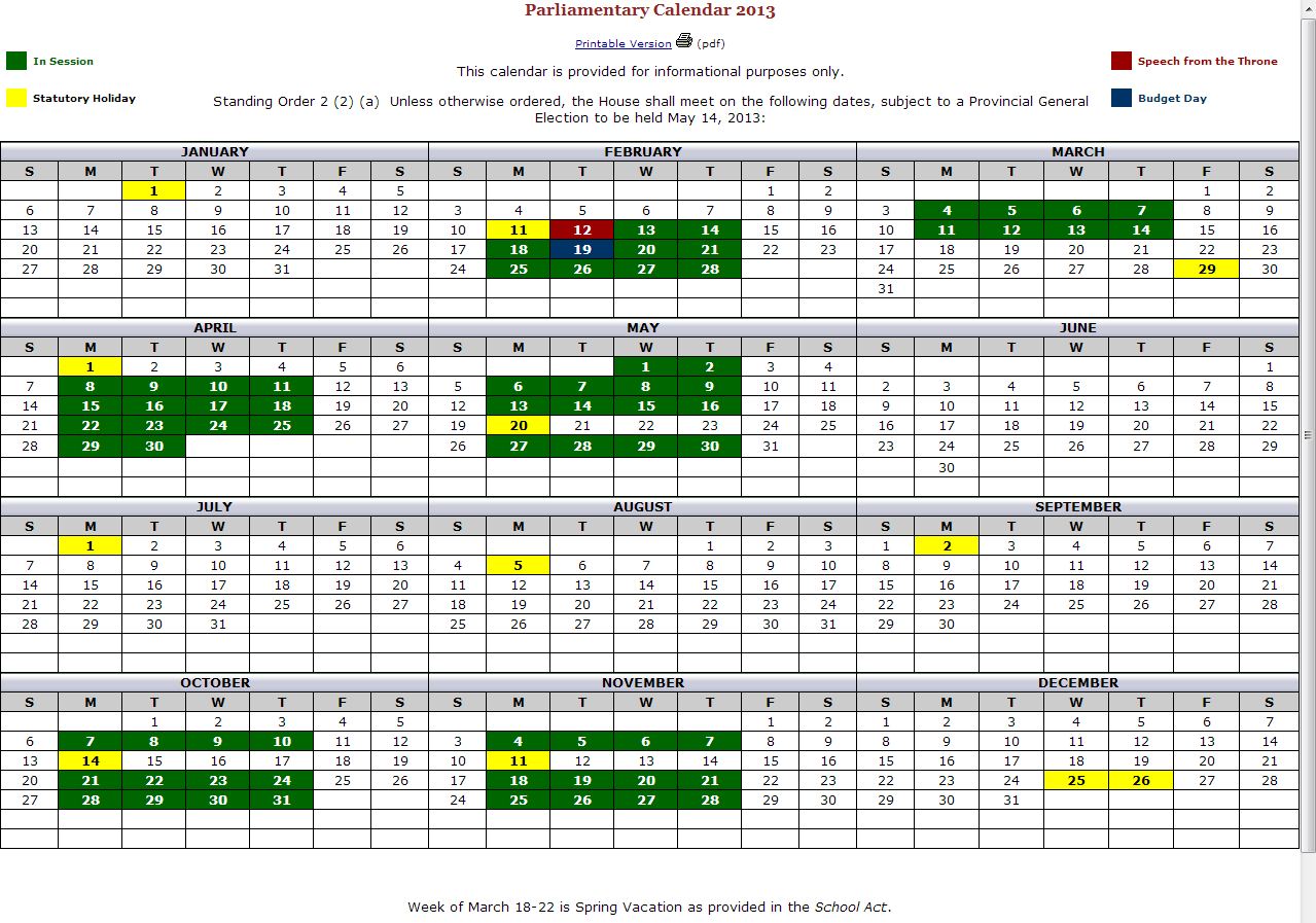 BC Iconoclast BC Legislative Calendar for 2013