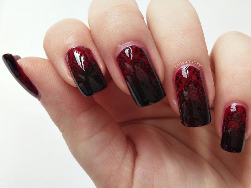 Baroque Gothic Dark Red Stamping Nails Nail Art Design Manicure
