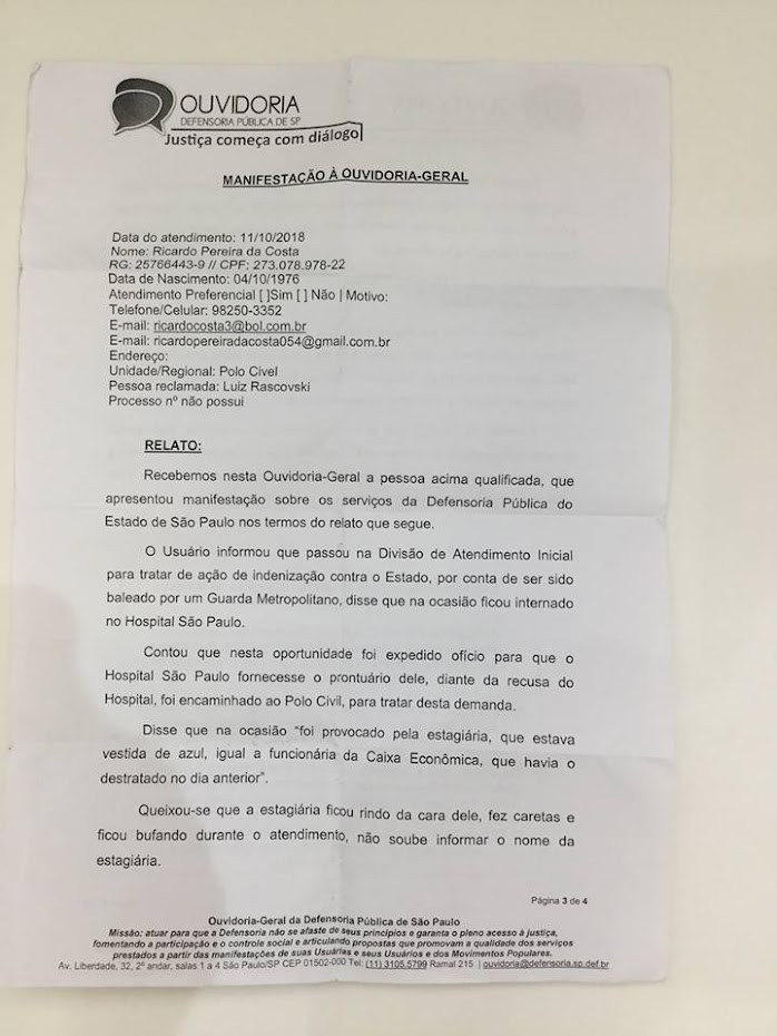 OUVIDORIA DA DEFENSORIA PUBLICA 11/10/2018