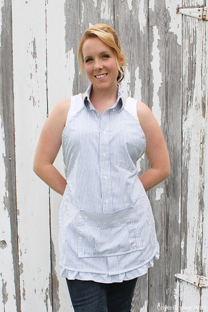 Learn how to make this sweet apron from a men's dress shirt so you can look cute while you cook! Perfect for beginner sewers! | LoveGrowsWild.com 