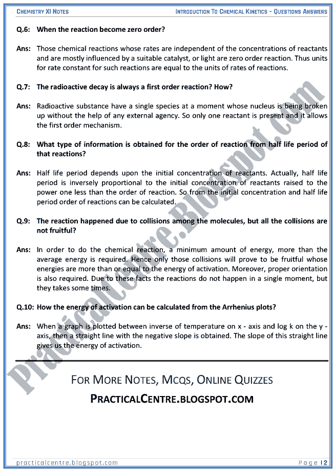 Introduction To Chemical Kinetics - Questions Answers - Chemistry XI