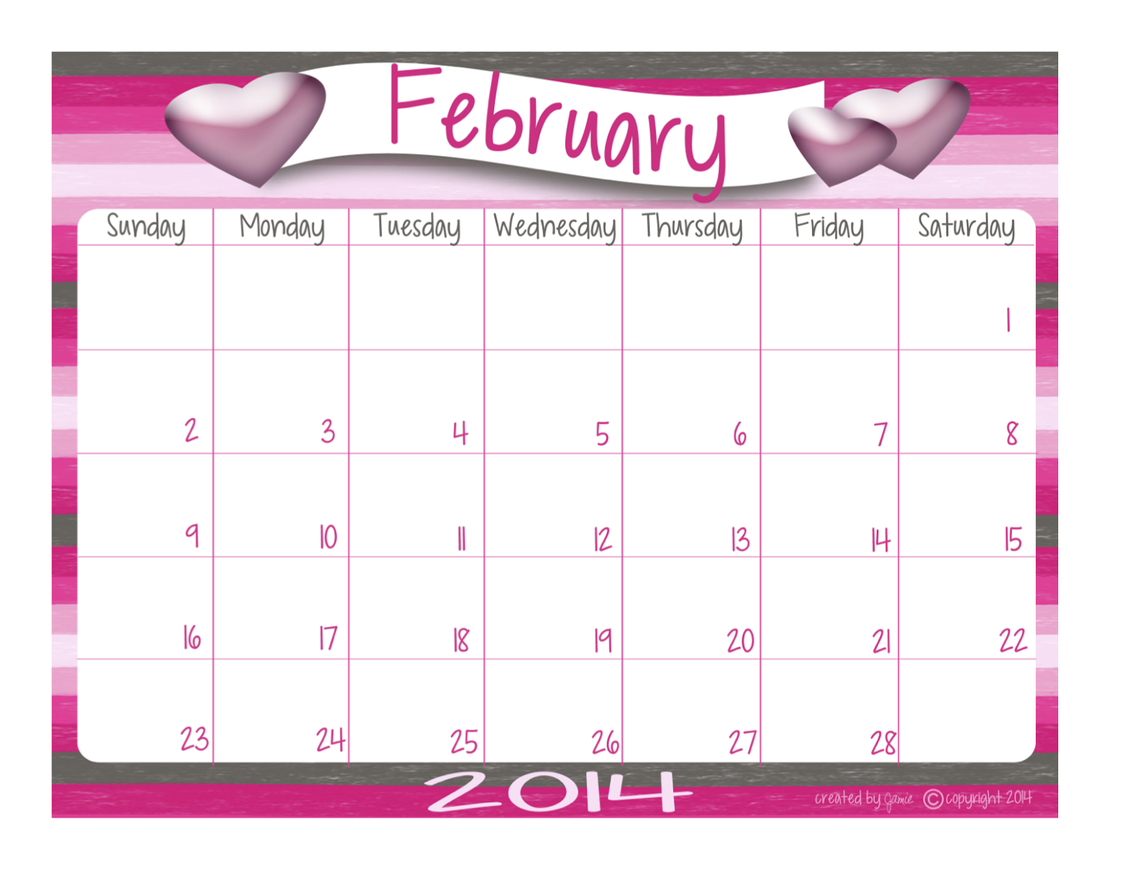 My Fashionable Designs FREE Download February Printable Calendar
