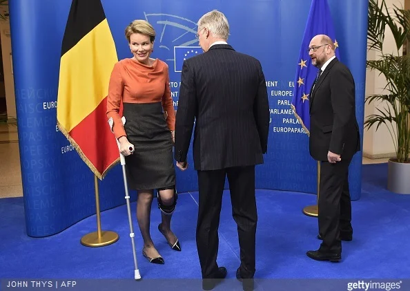President of the European Parliament Martin Schulz welcomes King Philippe and Queen Mathilde of Belgium before a meeting at the EU Parliament in Brussels