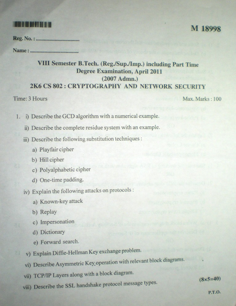 Cryptography and Network Security Previous Question Paper 2011
