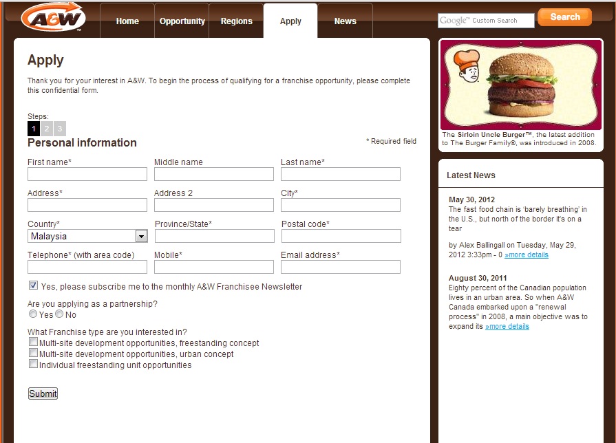 A&W franchising A&W Franchise Application Form