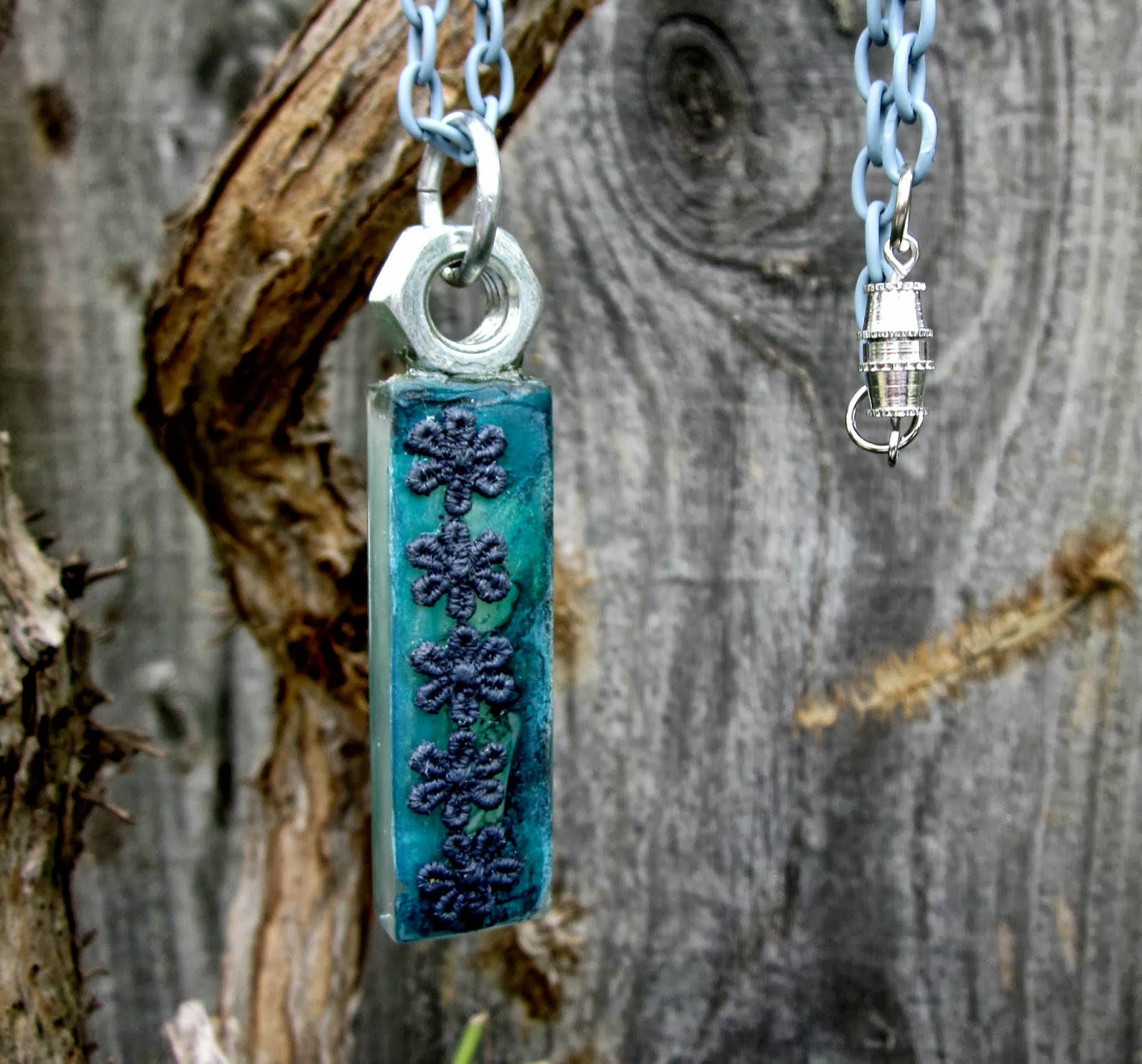 Wendylynn's Paper Whims Glass Tile Pendant Necklace Gray Flowers on