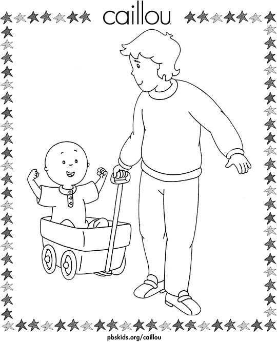 Daddy Pulling Caillou in Wagon Coloring Page title=