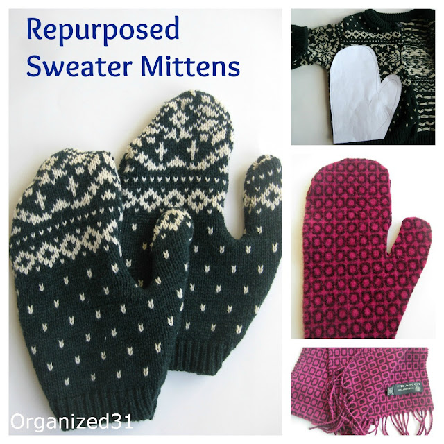 collage of 4 images showing how to make sweater mittens with title text reading Repurposed Sweater Mittens