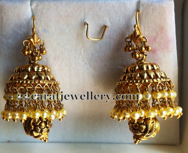 Dull Finish Lakshmi Pearls Jhumkas Jewellery Designs