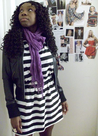 Stripe dress, leather jacket, purple scarf, braids, protective hairstyles, booties, black girls, fashion, rings, stylists