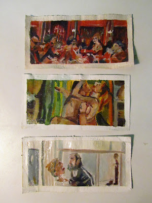 money paintings on 3 €5 euro bills from scenes of Peter Greenway's The  Cook, The Thief, His Wife and Her Lover. 3 by 5 Oil on Money