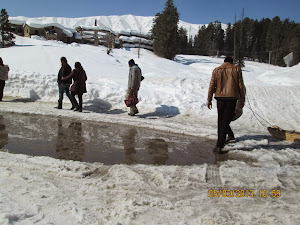 Small puddles as the snow melts in Gulmarg with the onset of summer.