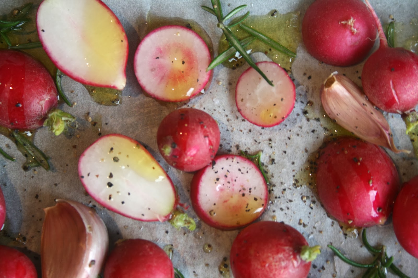Roasted Radish Salad with Roasted Garlic, Balsamic Rosemary Dressing