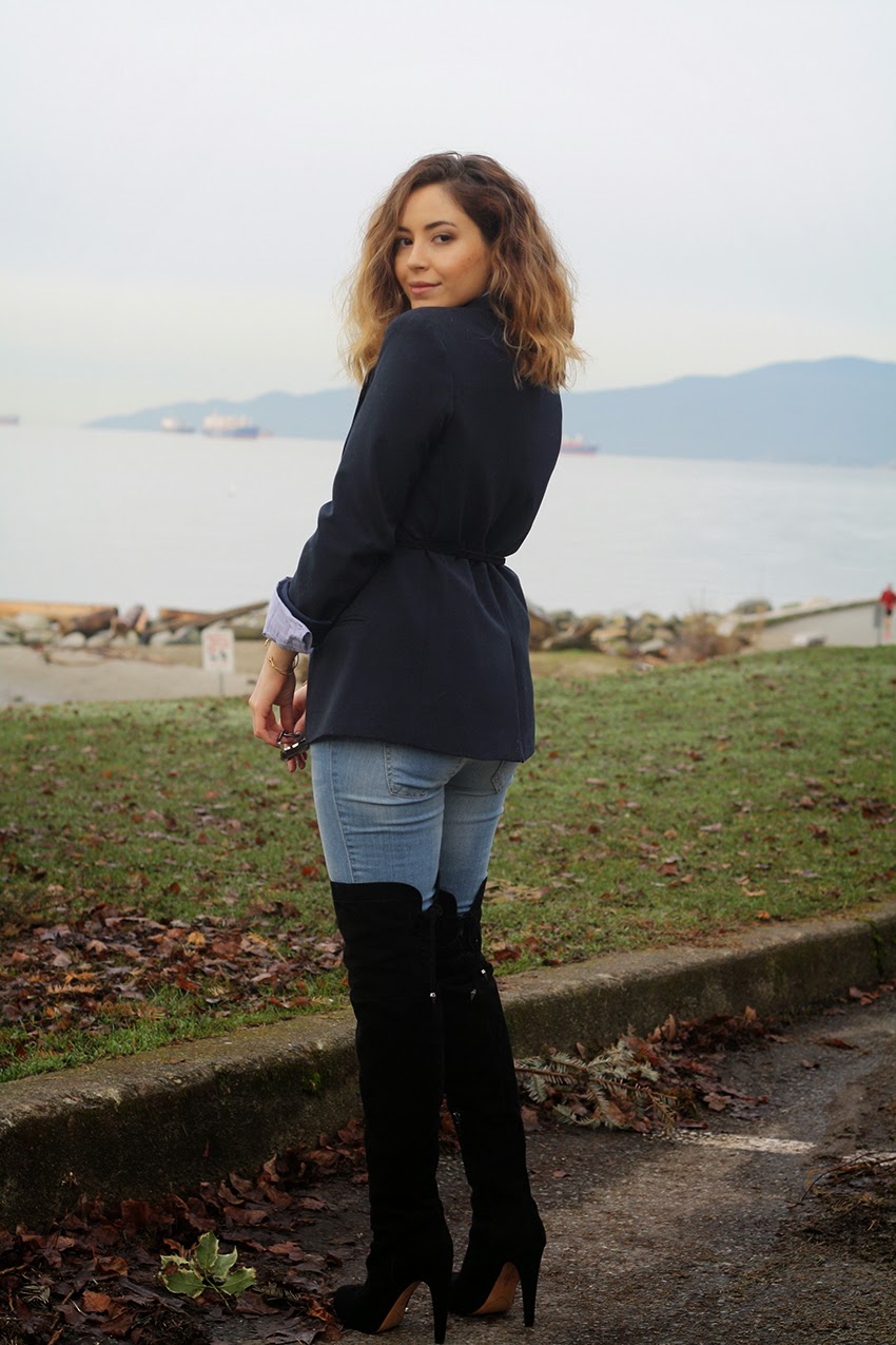 blazer and over the knee boots