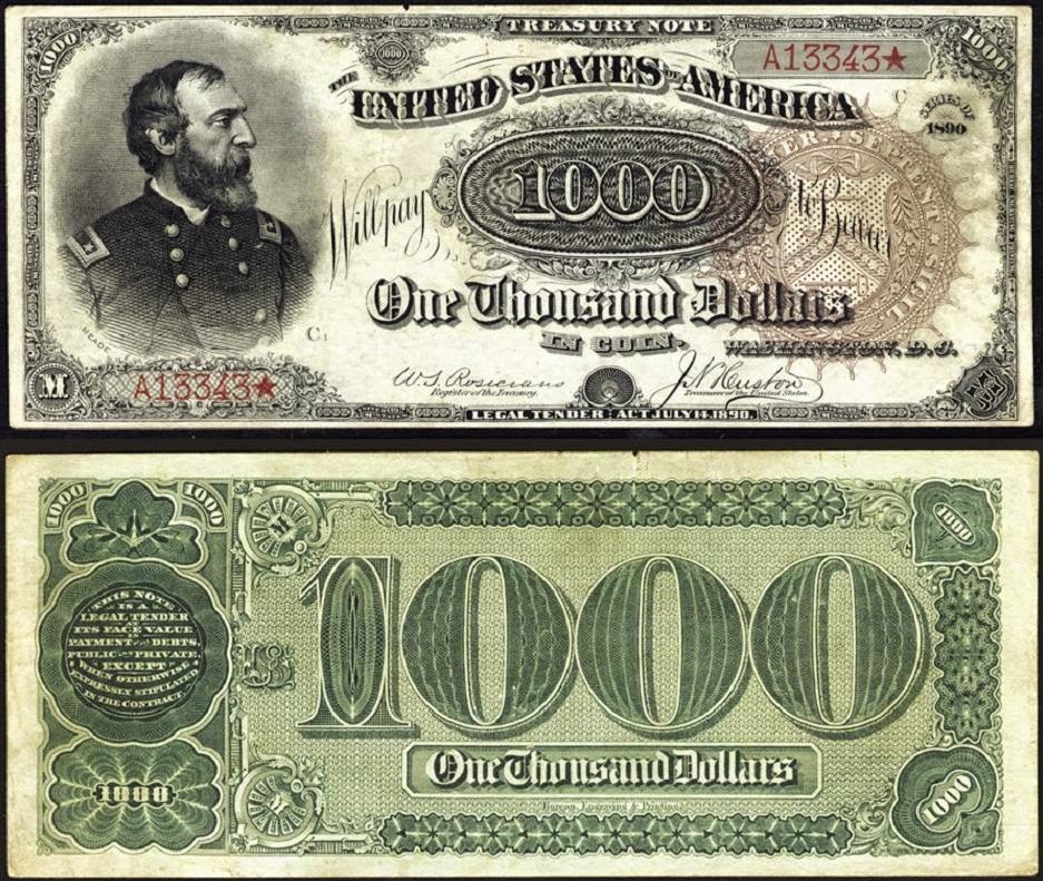1890 $1000 Dollar Treasury Note 1000 Dollar bill Treasury Note 1890
