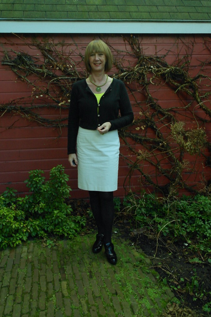 cream skirt black tights