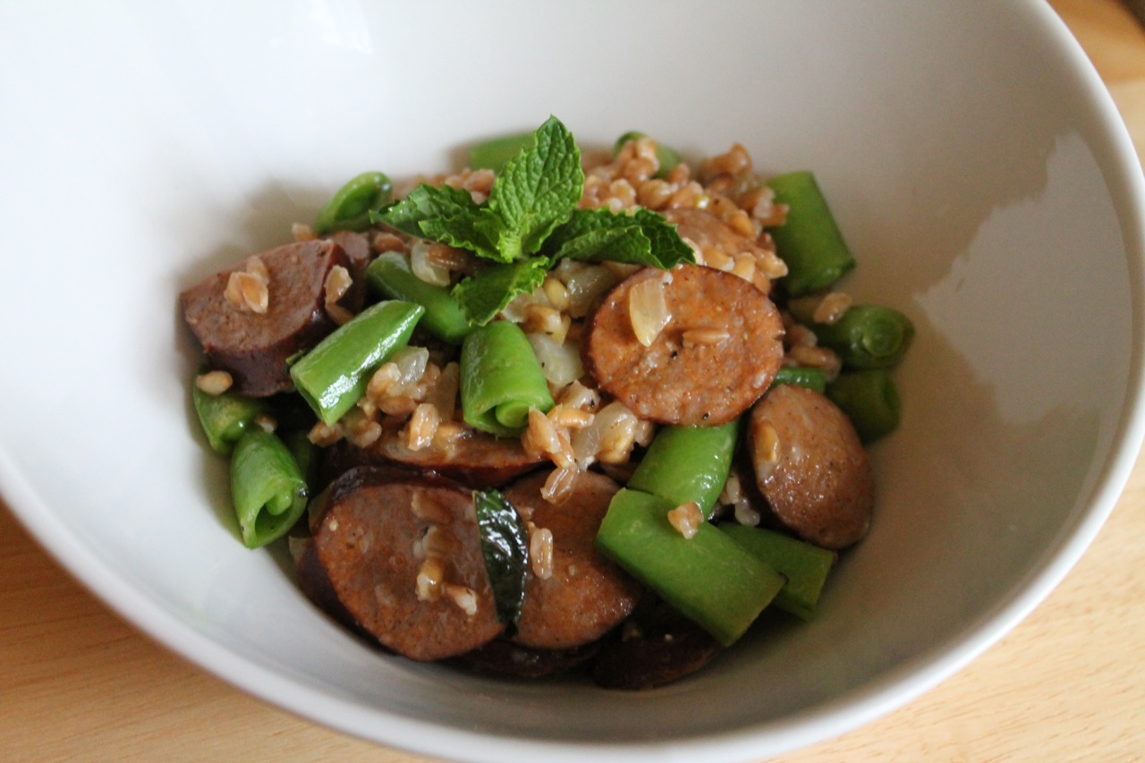 Cook In / Dine Out Farro Bowl with Sugar Snap Peas and Turkey Kielbasa