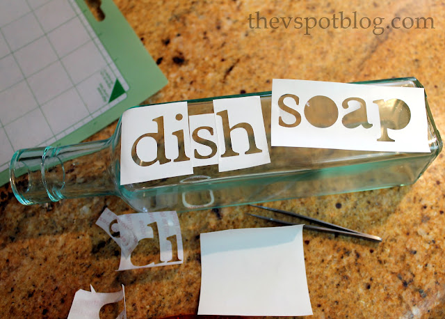 DIY etched glass dish soap dispenser.