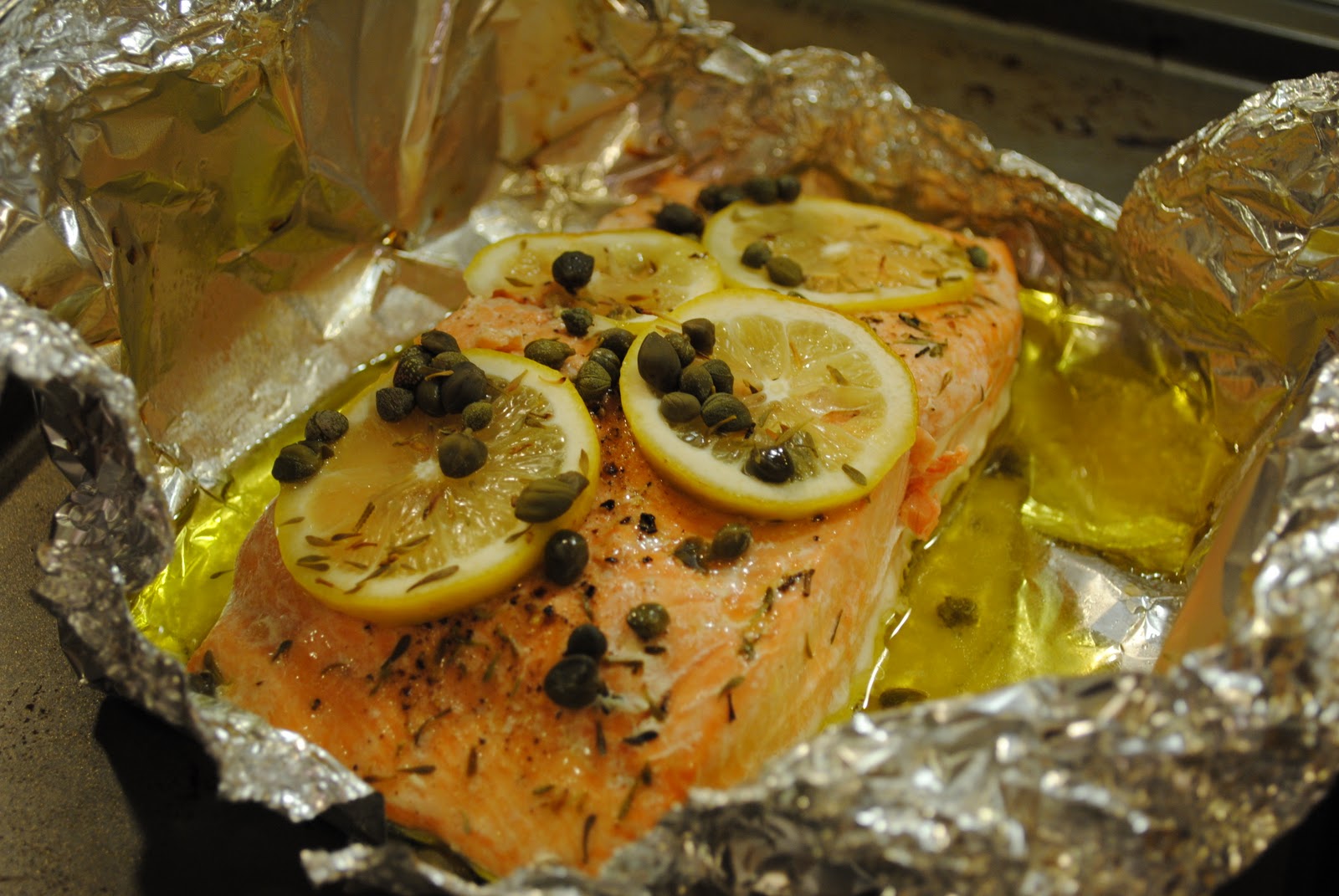 OvenPoached Salmon with Lemon and Capers and "Ancient Lentils" The