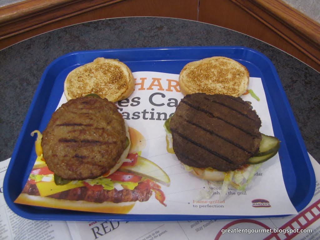 Great Lent Gourmet Day 46 Harvey's Veggie Burger vs Meat Burger