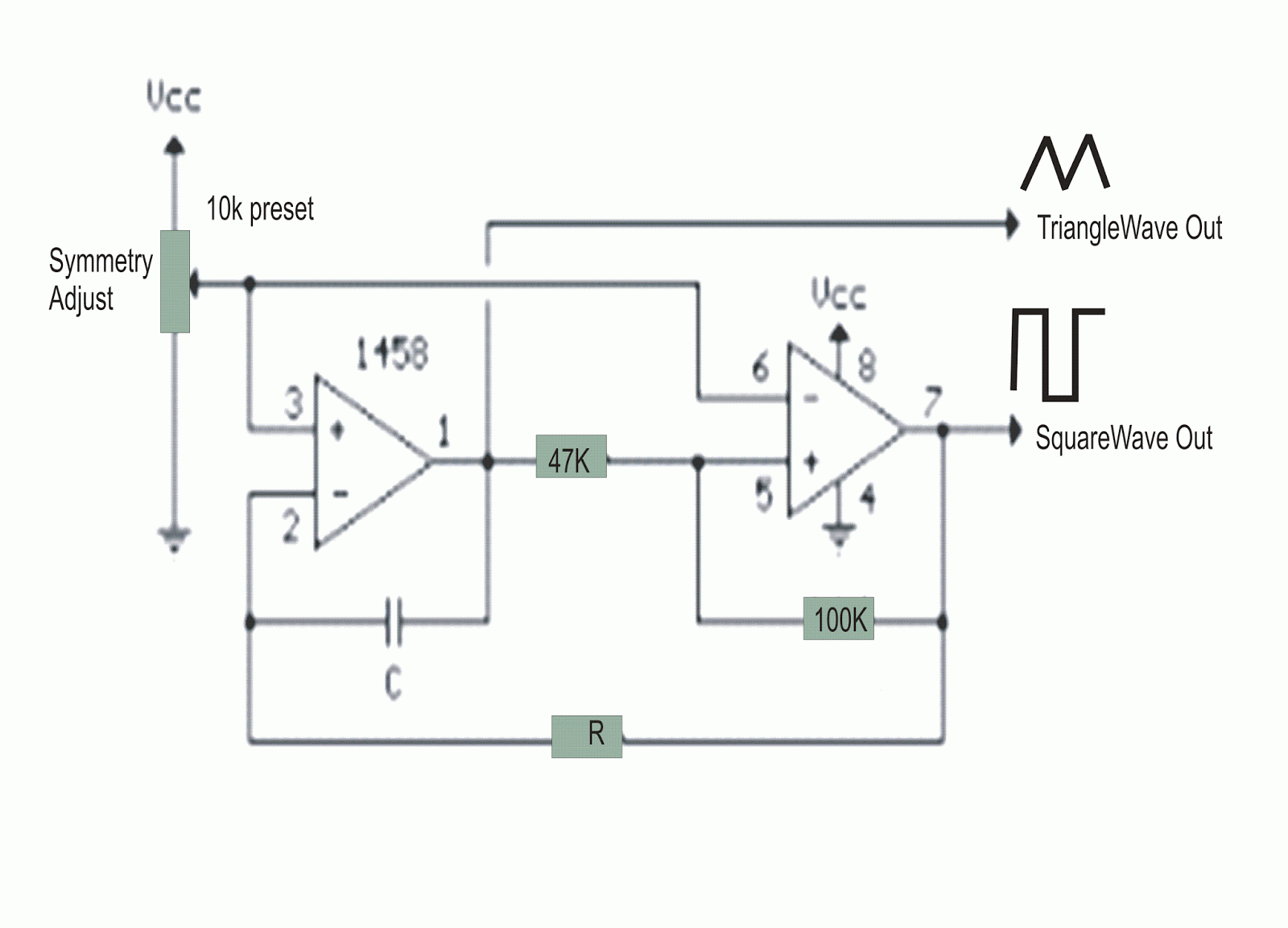  Simple Triangle wave, Square wave Generator Circuit 