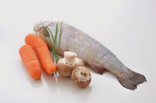 Stuffed Rainbow Trout with Glazed Carrot Shreds and Chestnut Mushrooms ~ Simple Food