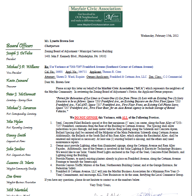 Mayfair Civic Association Zoning Letter of NonOpposition to Hertz