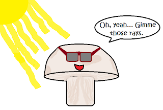 Mushroom wearing sunglasses as the sun beams down, saying, "Oh, yeah... Gimme those rays."
