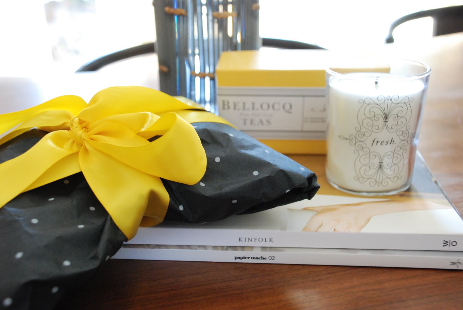 black dot tissue w/ yellow Bellocq tea, Yellow ribbon, Wraps