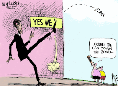 Mike Luckovich cartoon: Obama kicking the can down the road